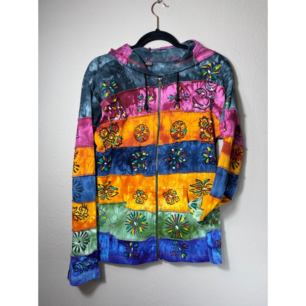 KPC Nepal Patchwork ZipUp Hoodie Women's Large Boho Hippie Festival Hand Painted